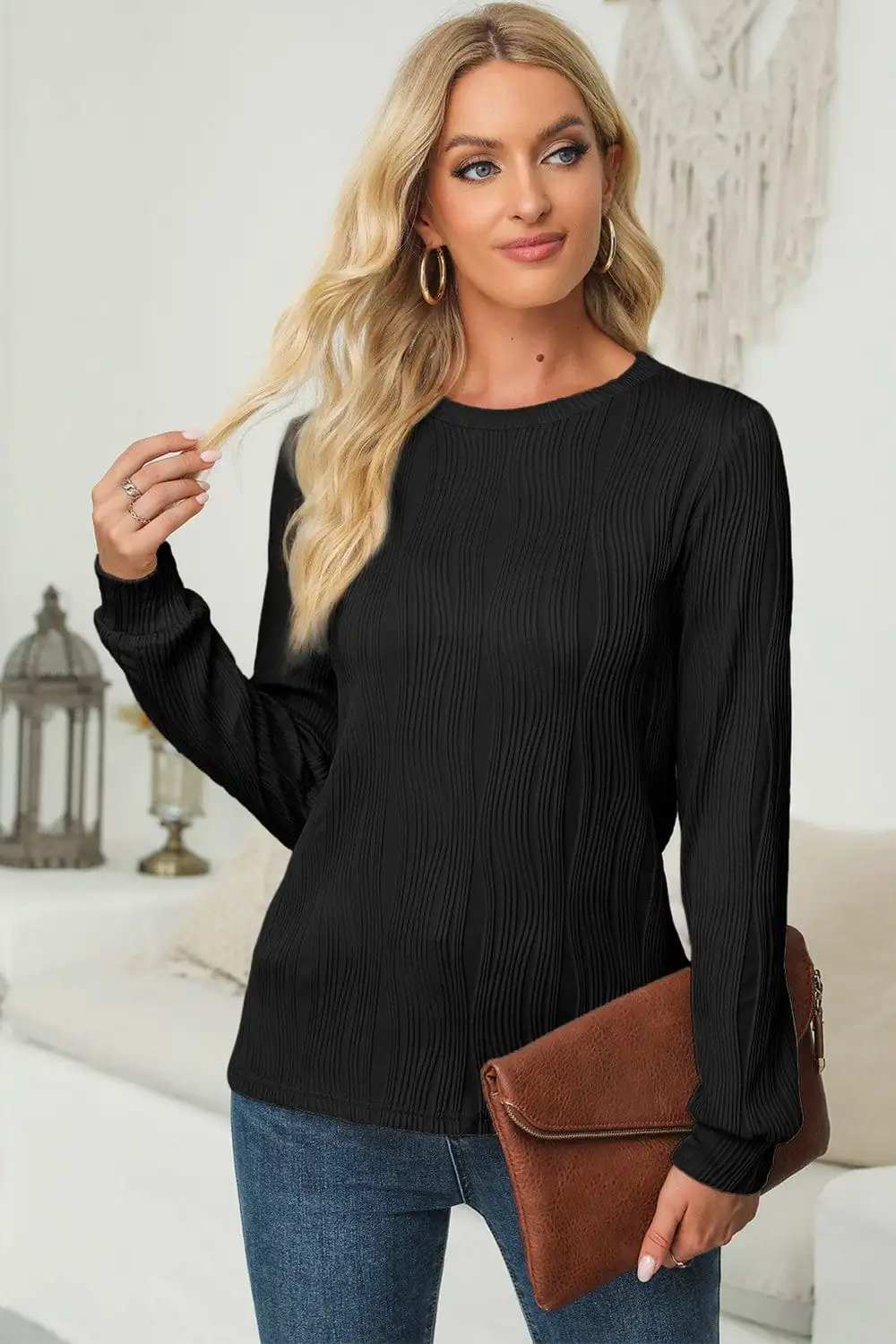 Textured Round Neck Long Sleeve Blouse - Trendsi - Flyclothing LLC