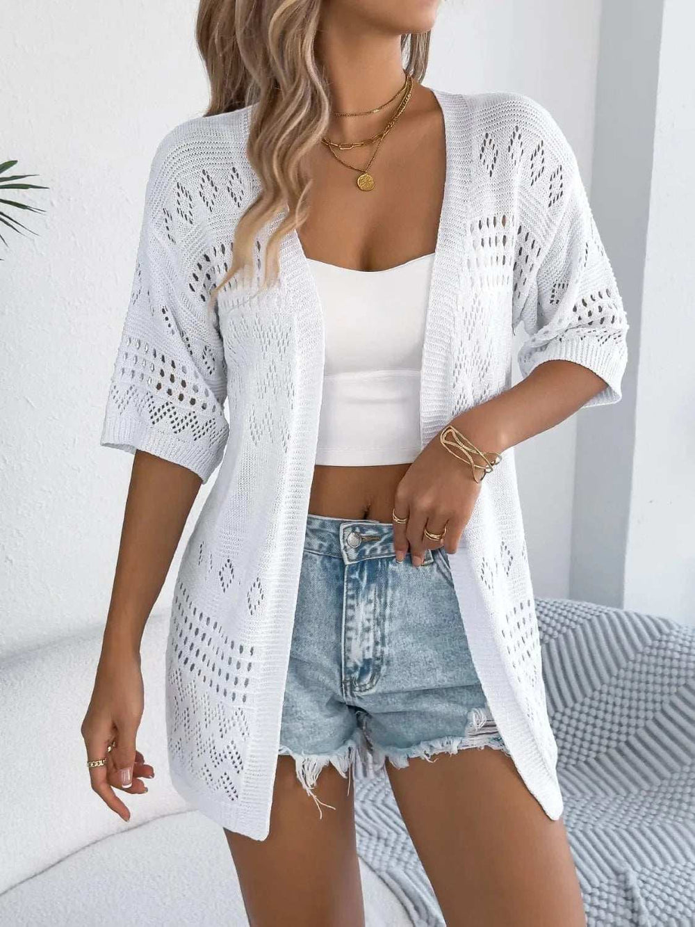 Openwork Open Front Half Sleeve Cardigan - Trendsi - Flyclothing LLC