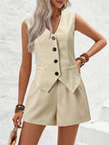 V-Neck Button Down Vest and Shorts Set - Trendsi