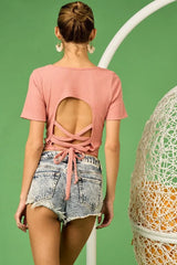 BiBi Rib Knit with Back Cross and Tied Detailed Top - Trendsi - Flyclothing LLC