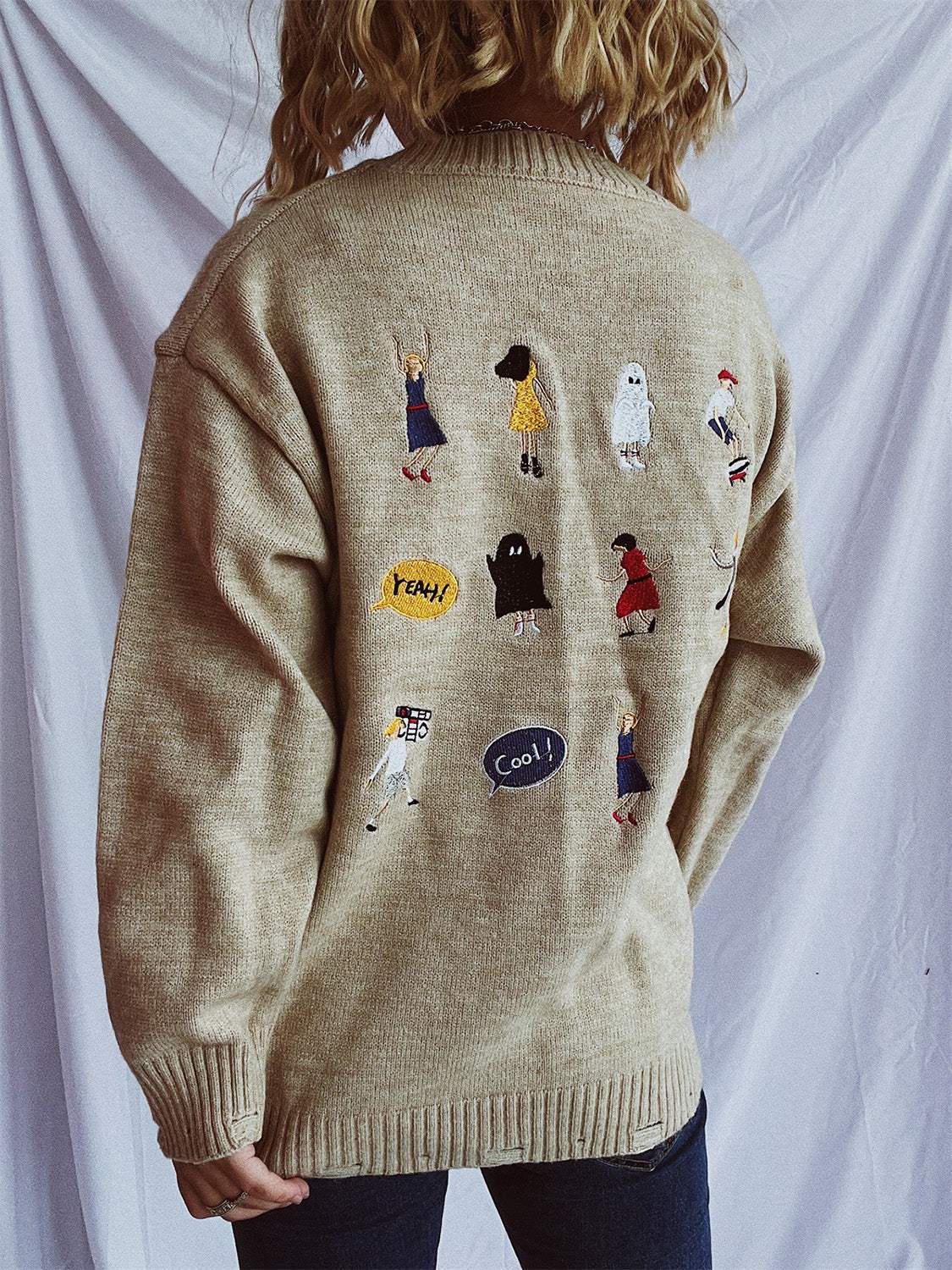 Embroidered Round Neck Dropped Shoulder Sweater - Trendsi - Flyclothing LLC