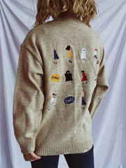 Embroidered Round Neck Dropped Shoulder Sweater - Trendsi