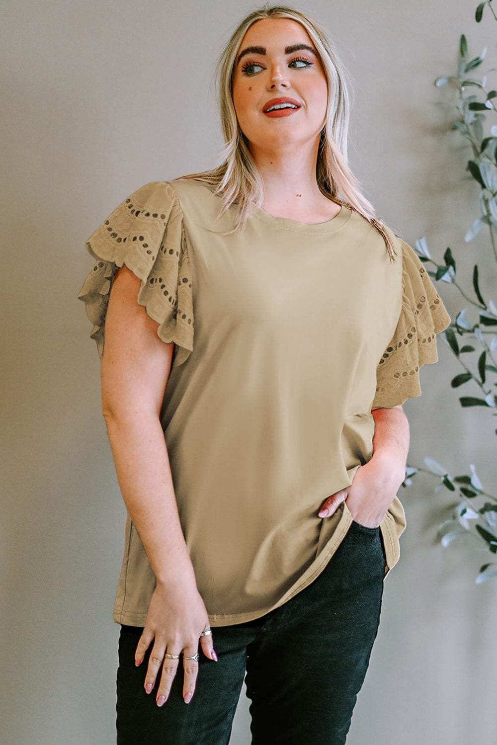 Plus Size Eyelet Round Neck Short Sleeve Blouse - Trendsi - Flyclothing LLC