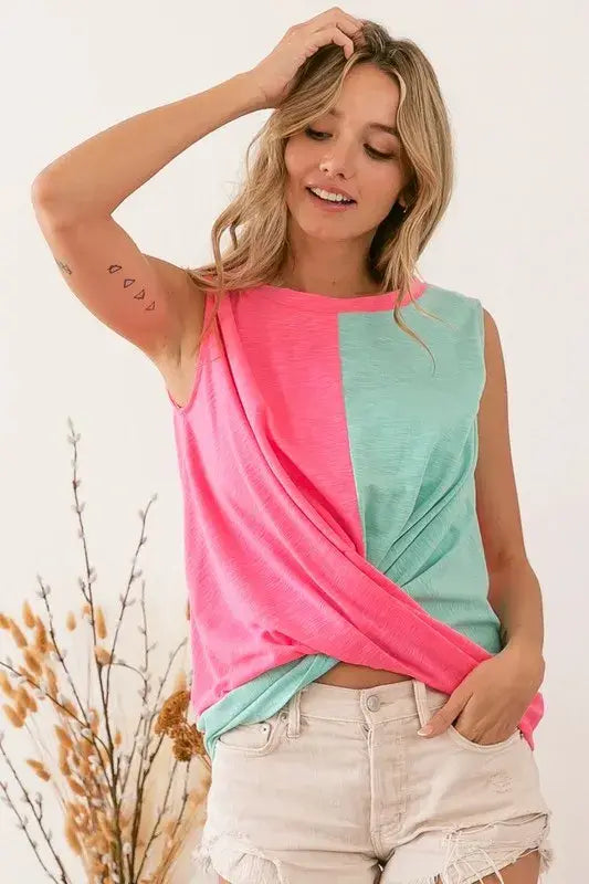 BiBi Slub Terry Color Block Twisted Top - Trendsi - Flyclothing LLC