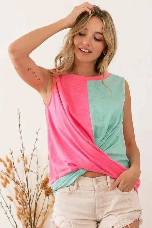 BiBi Slub Terry Color Block Twisted Top - Trendsi - Flyclothing LLC