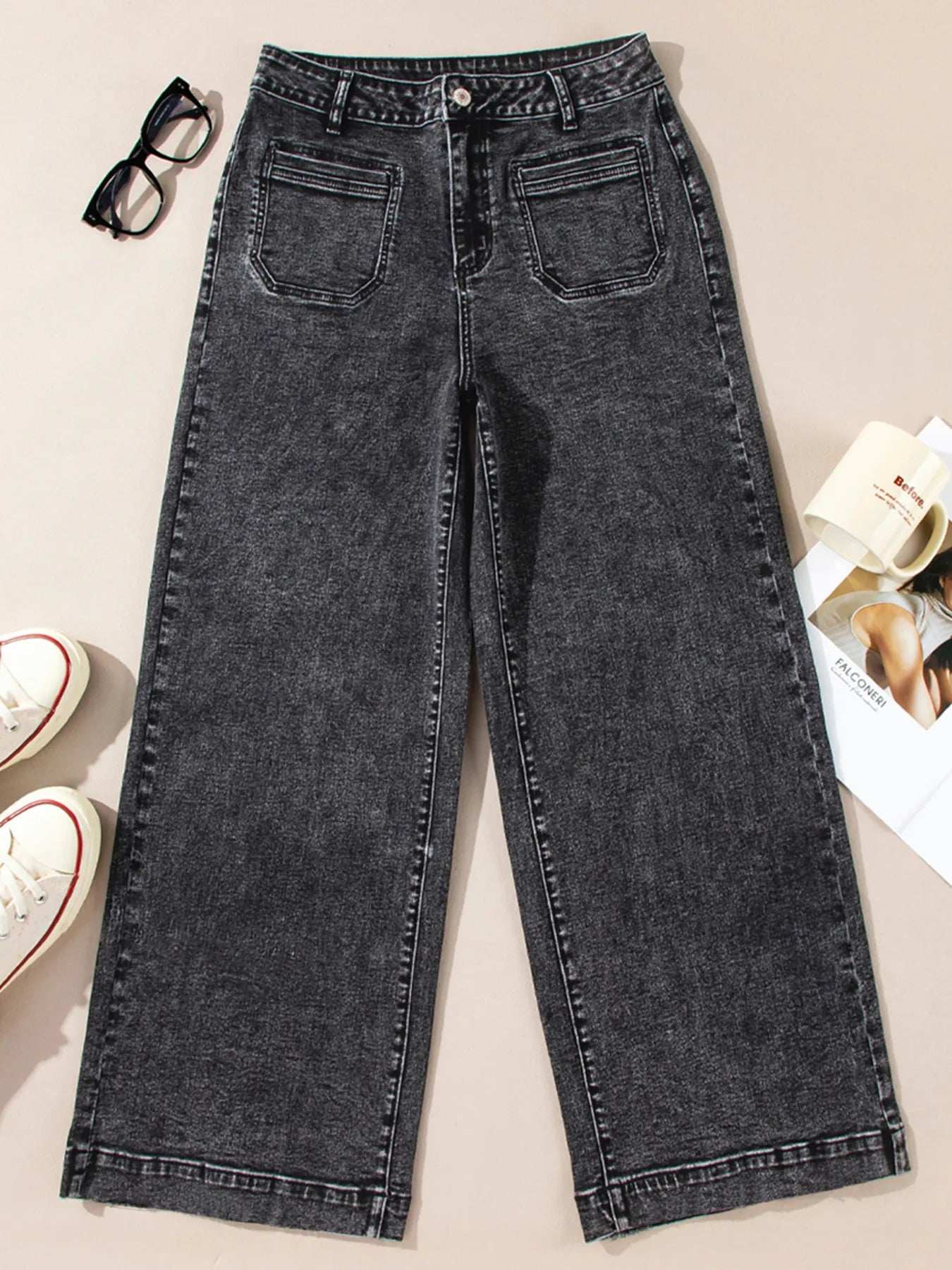 High-Waisted Wide Leg Washed Jeans - Trendsi - Flyclothing LLC