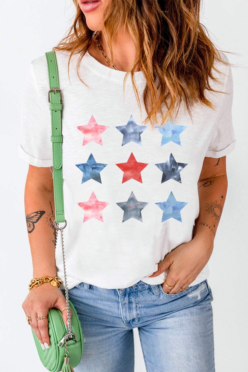 Star Round Neck Short Sleeve T-Shirt - Trendsi - Flyclothing LLC