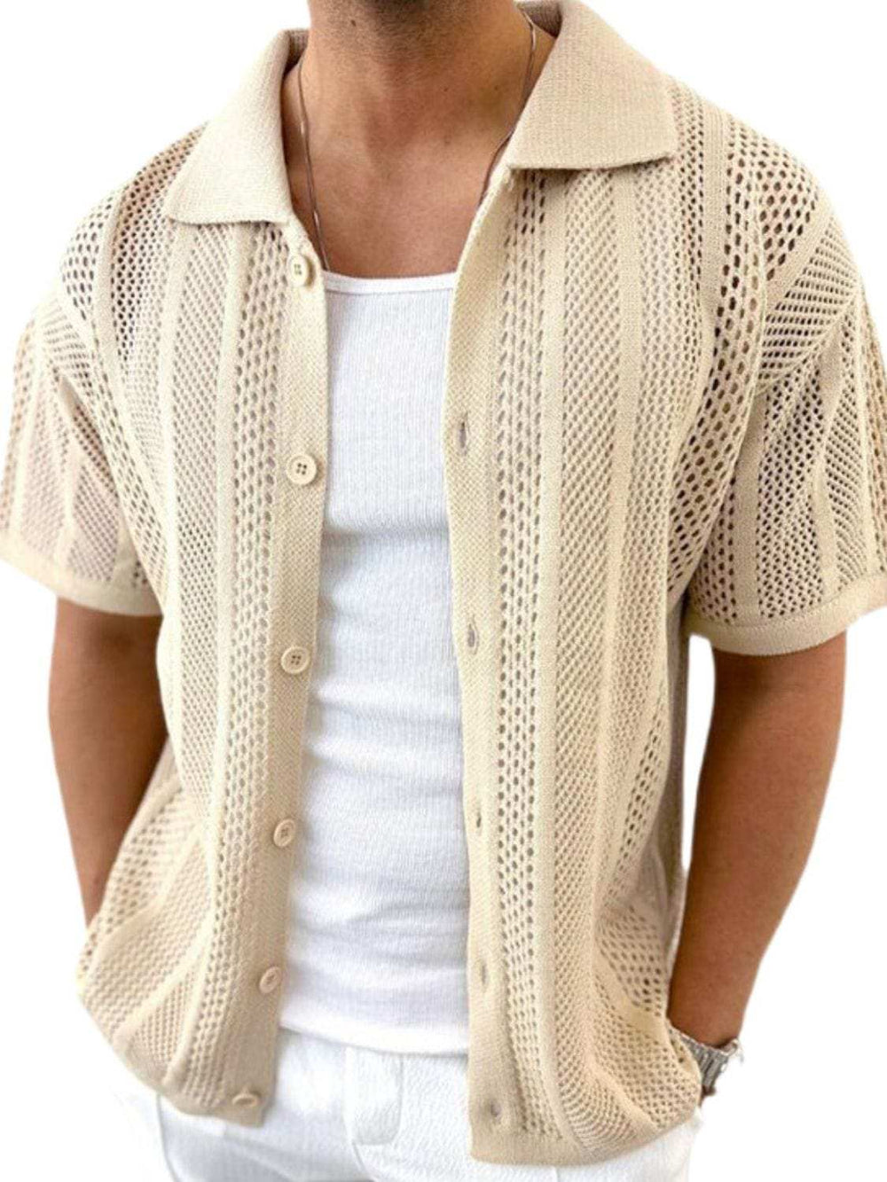 Men's Button Down Collared Neck Hollow Out Shirt - Trendsi - Flyclothing LLC