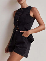 Button Down Vest and Shorts Denim Set - Trendsi - Flyclothing LLC