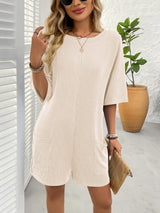 Backless Textured Round Neck Half Sleeve Romper - Trendsi - Flyclothing LLC