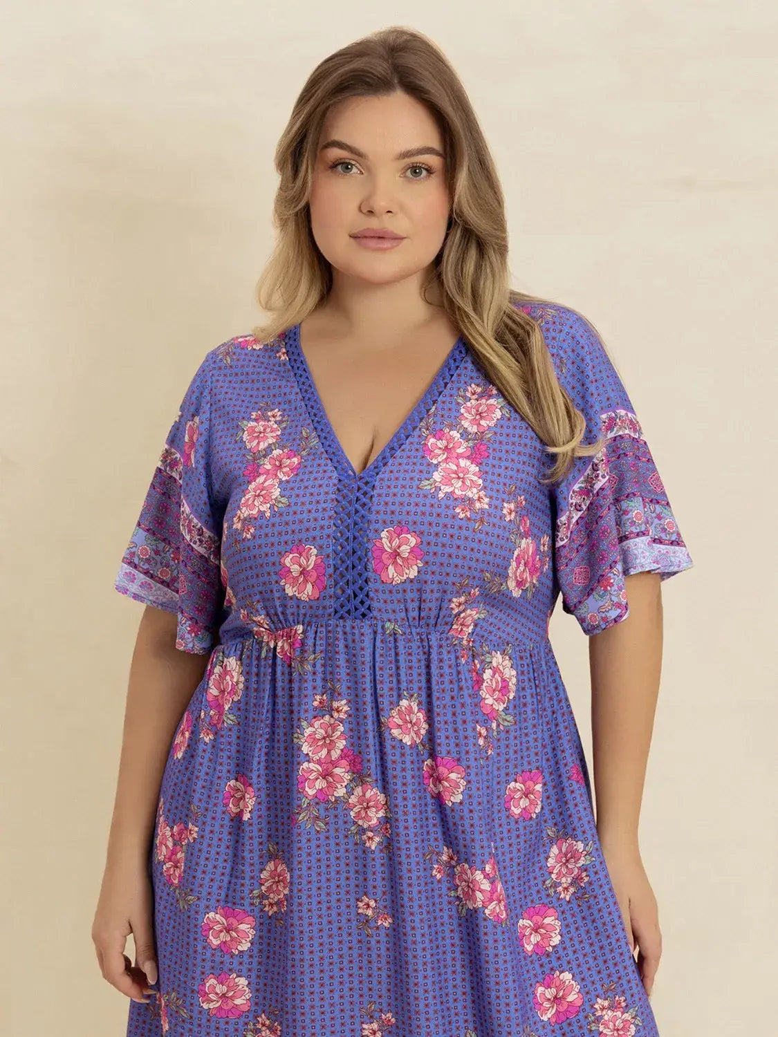Plus Size Printed V-Neck Flutter Sleeve Dress - Trendsi - Flyclothing LLC