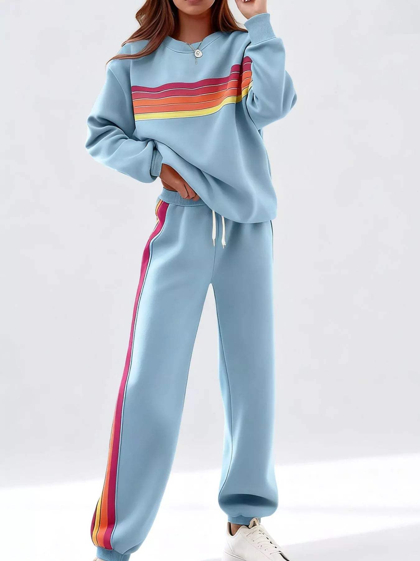 Striped Round Neck Sweatshirt and Pants Set - Trendsi - Flyclothing LLC