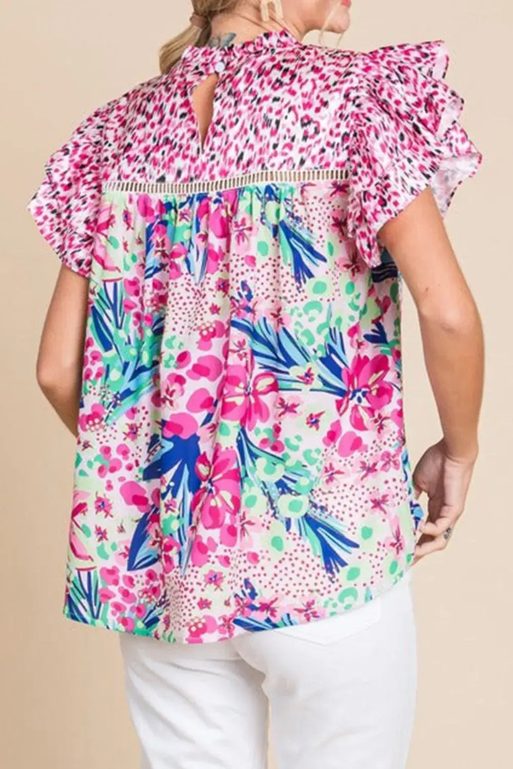 Floral Mixed Print Ruffle Cap Sleeve Blouse - Trendsi - Flyclothing LLC