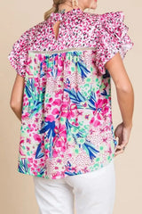Floral Mixed Print Ruffle Cap Sleeve Blouse - Trendsi - Flyclothing LLC