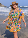 Plus Size Lace Detail Printed Tie Neck Half Sleeve Dress - Trendsi