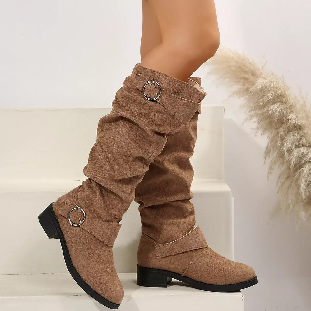 Buckle Accent Slouch Boots - Trendsi - Flyclothing LLC