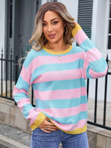 Striped Round Neck Dropped Shoulder Sweater - Trendsi - Flyclothing LLC