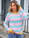 Striped Round Neck Dropped Shoulder Sweater - Trendsi