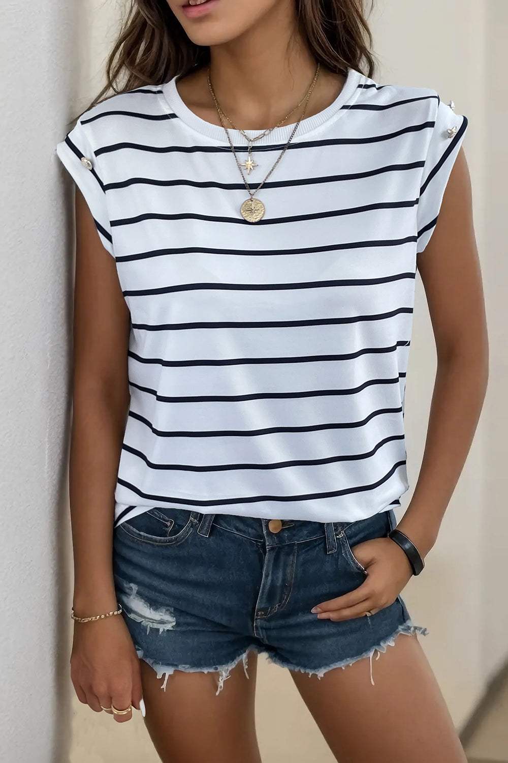 Decorative Button Round Neck T-Shirt - Trendsi - Flyclothing LLC