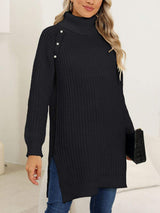 Slit Turtleneck Long Sleeve Sweater - Trendsi - Flyclothing LLC
