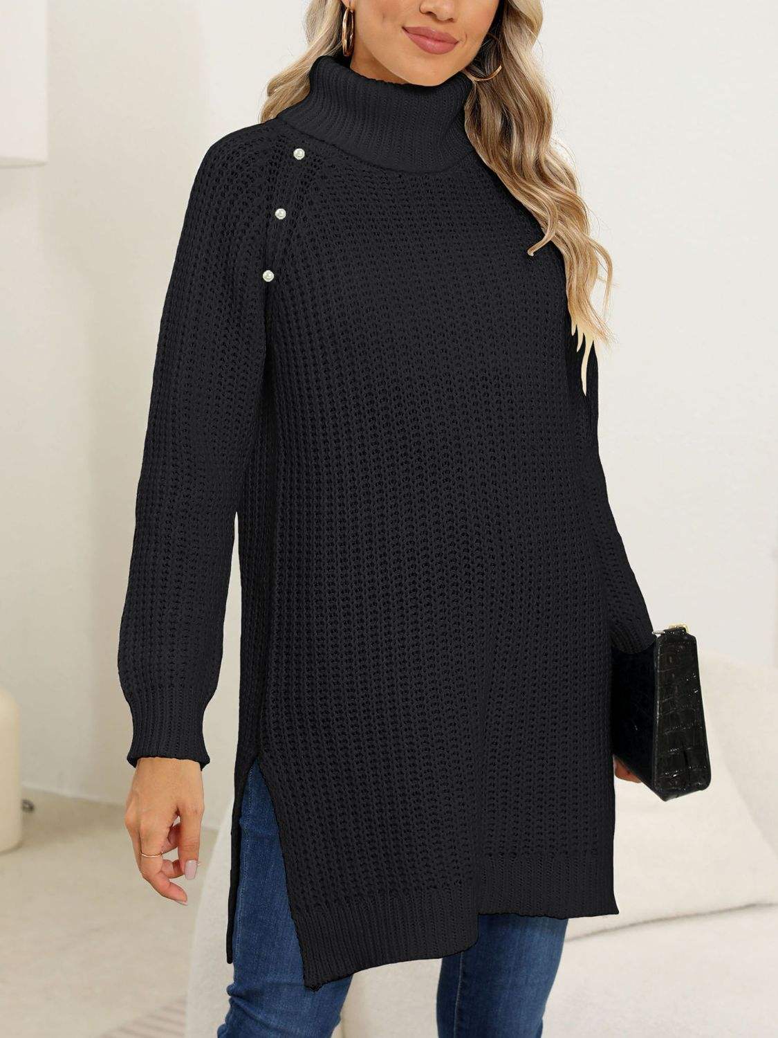 Slit Turtleneck Long Sleeve Sweater - Trendsi - Flyclothing LLC