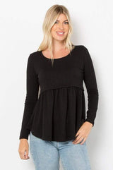 Be Stage Full Size Texture Babydoll Round Neck Long Sleeve Knit Top - Trendsi - Flyclothing LLC