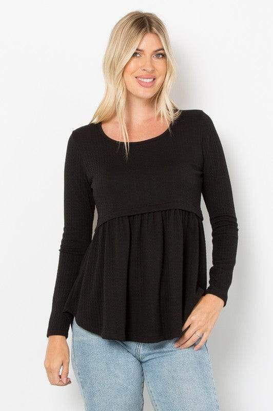 Be Stage Full Size Texture Babydoll Round Neck Long Sleeve Knit Top - Trendsi - Flyclothing LLC