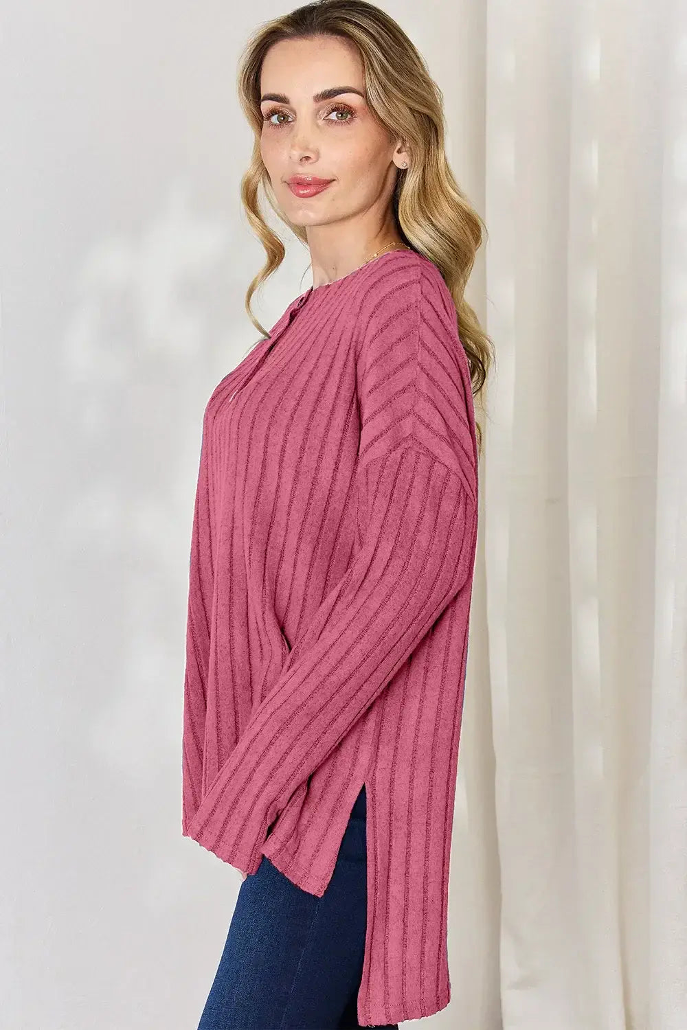 Basic Bae Full Size Ribbed Half Button Long Sleeve High-Low T-Shirt - ShopBasicbae - Flyclothing LLC