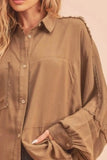 Aemi + Co Raw Edge Exposed Seam Collared Neck Long Sleeve Shirt - Trendsi