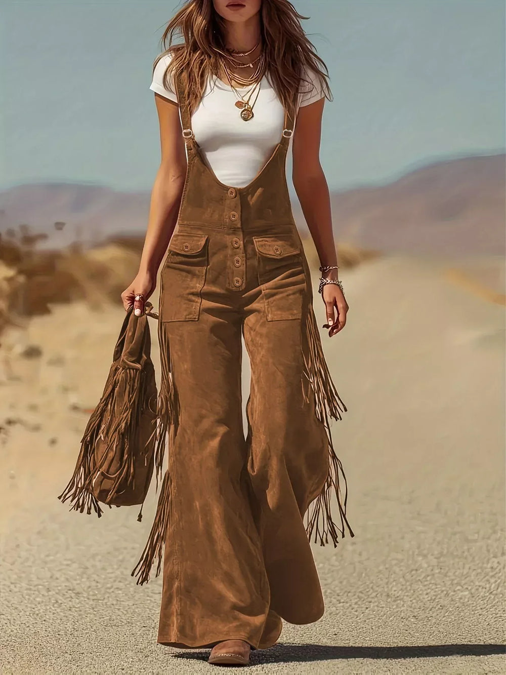 Fringe Corduroy Button Front Overalls - Trendsi - Flyclothing LLC