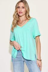 Basic Bae Full Size Bamboo Slit V-Neck Short Sleeve T-Shirt - Trendsi - Flyclothing LLC