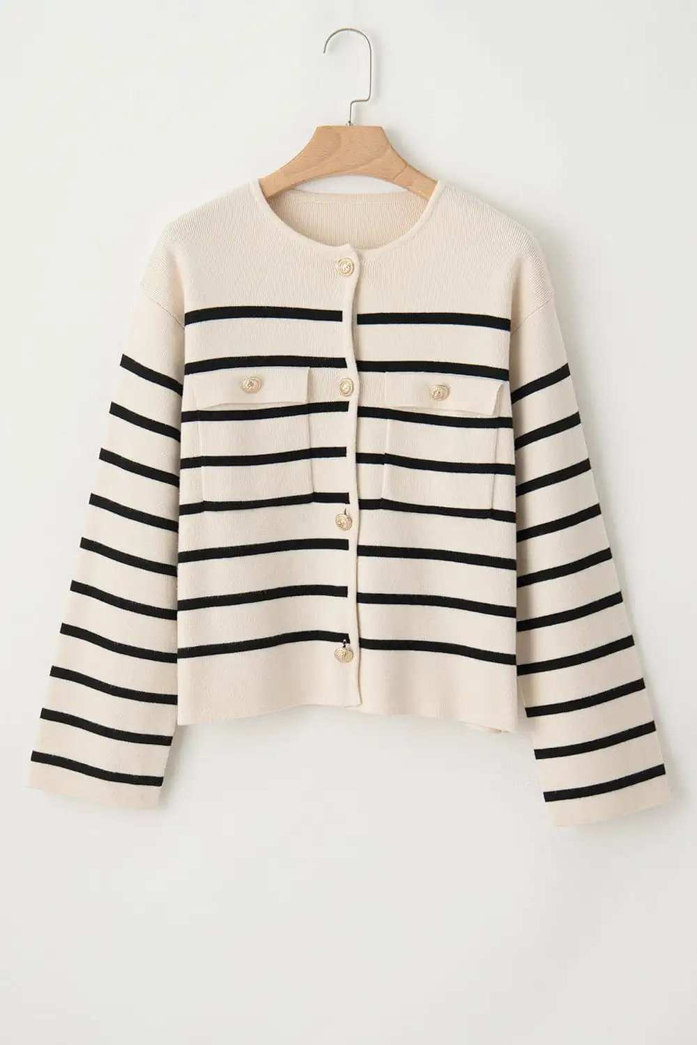 Striped Button Up Round Neck Cardigan - Trendsi - Flyclothing LLC