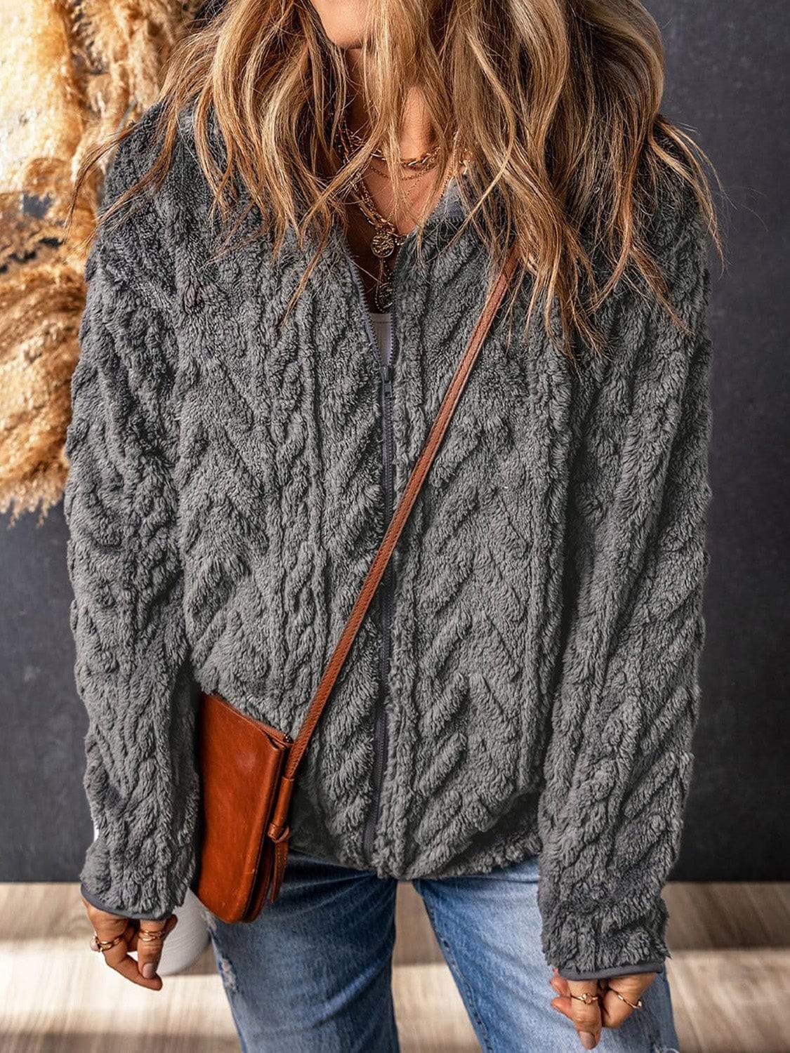 Fuzzy Zip Up Long Sleeve Jacket - Trendsi - Flyclothing LLC