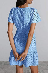 Eyelet Notched Short Sleeve Mini Dress - Trendsi - Flyclothing LLC