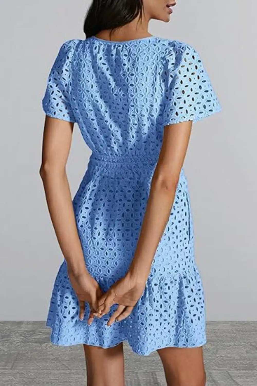 Eyelet Notched Short Sleeve Mini Dress - Trendsi - Flyclothing LLC
