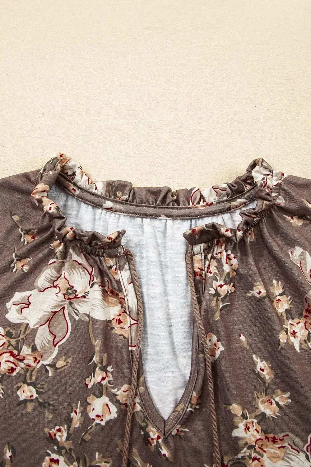 Floral Print Tassel Tie Split Neck Short Sleeve Blouse - Trendsi - Flyclothing LLC