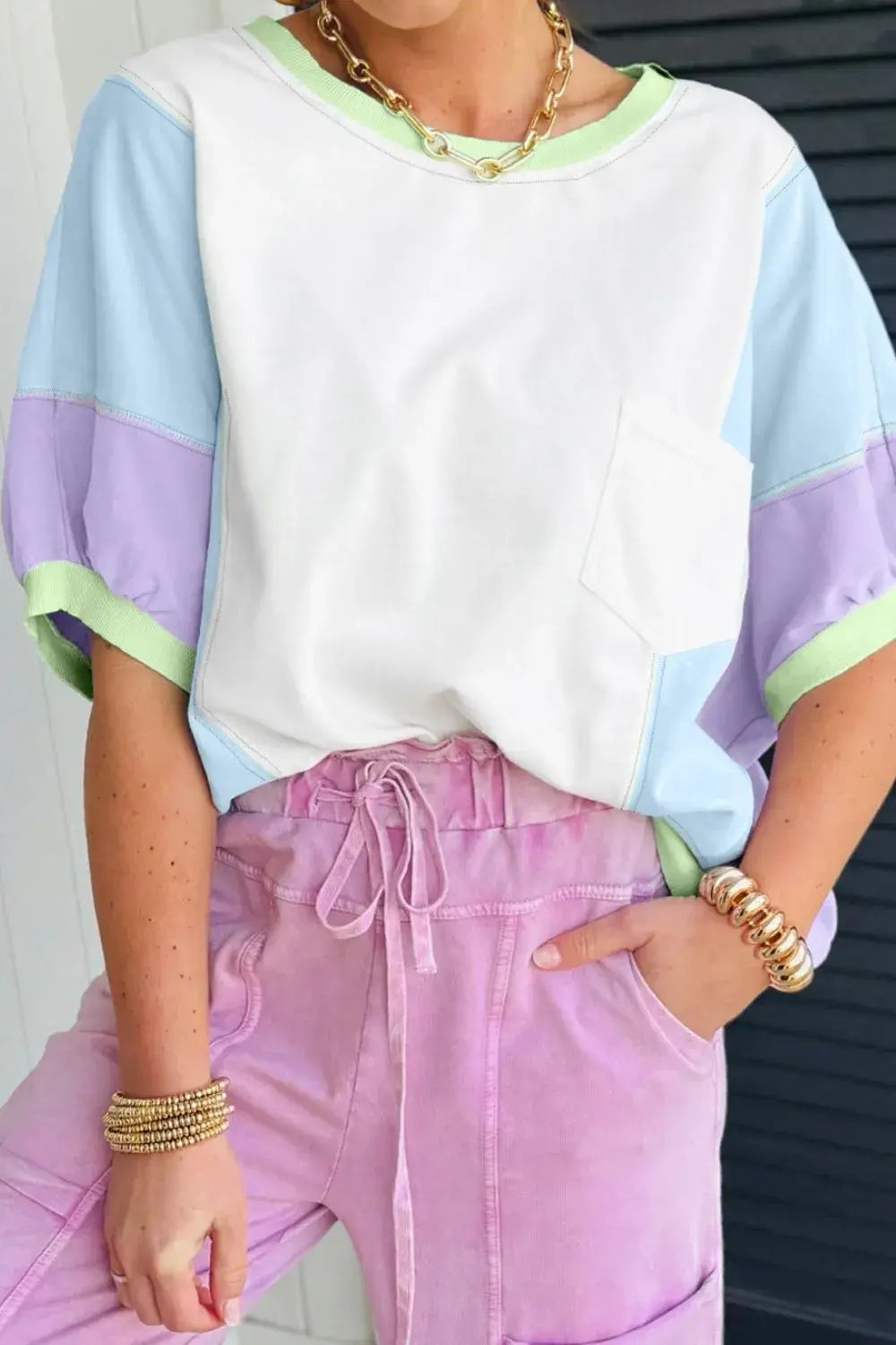 Color Block Patchwork Half Sleeve Oversized T Shirt - Trendsi - Flyclothing LLC