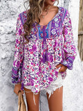 Printed Tie Neck Long Sleeve Blouse - Trendsi - Flyclothing LLC