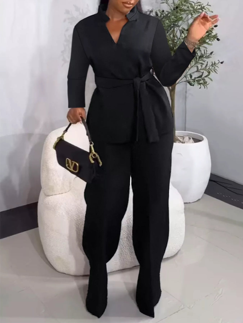 Tie-Waist Long Sleeve Top and Pants Set - Trendsi - Flyclothing LLC