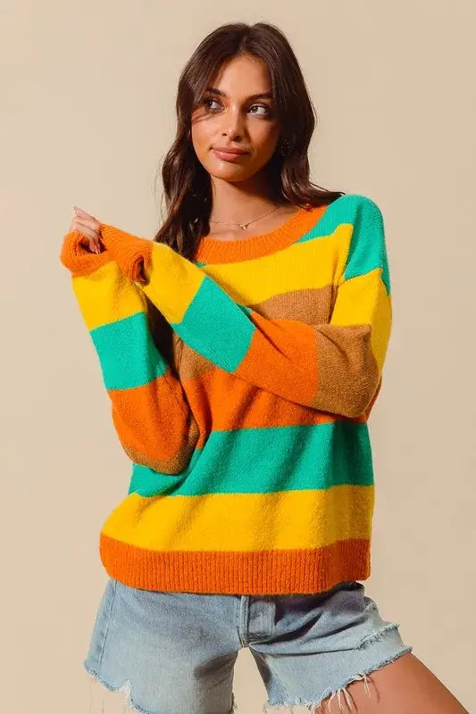 SO ME Multi Color Stripe Sweater with Ribbed Detail - Trendsi - Flyclothing LLC