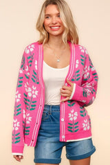 Haptics Full Size Floral Jacquard V-Neck Button Up Cardigan - Trendsi