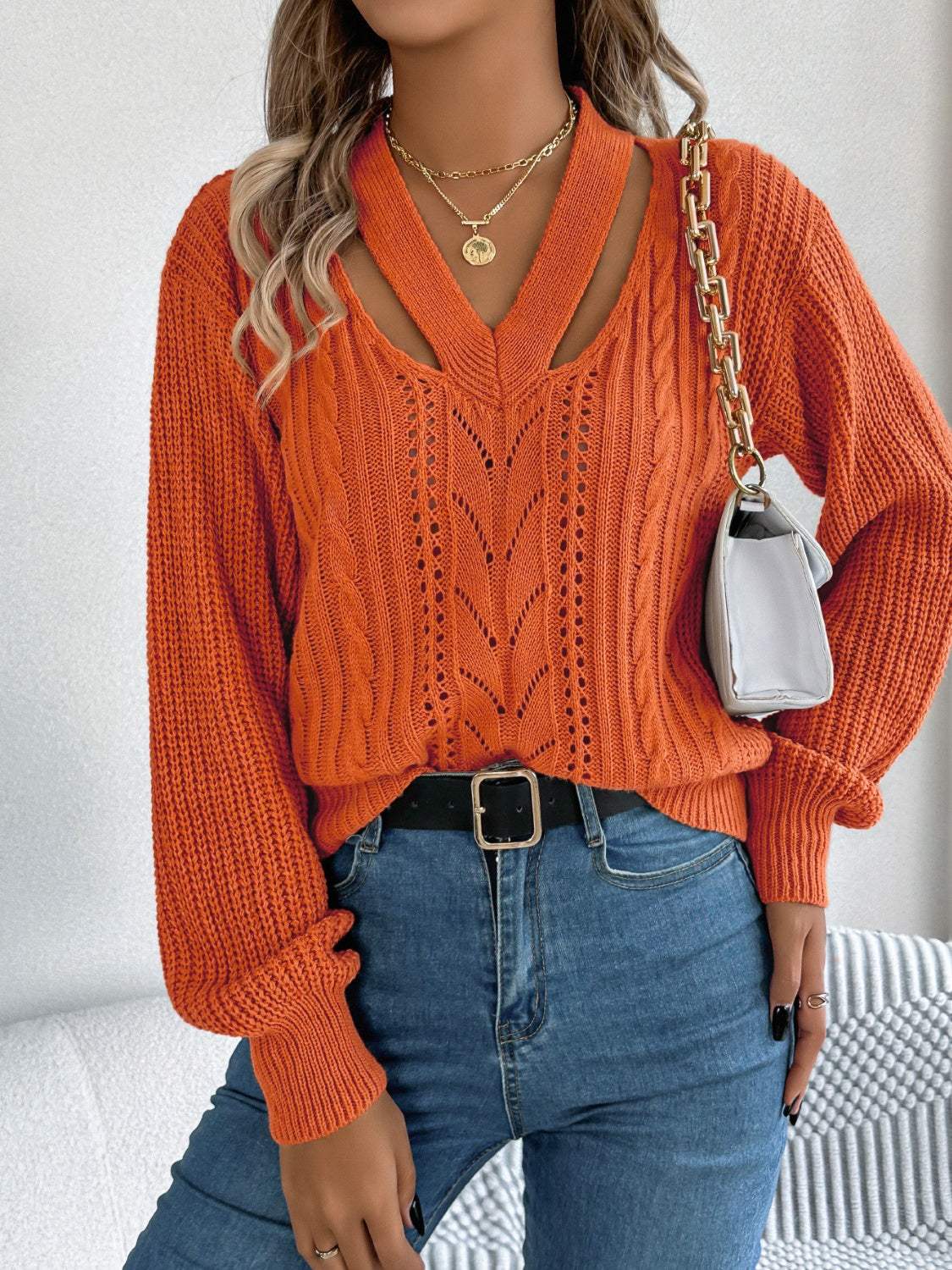 Cutout V-Neck Long Sleeve Sweater - Trendsi - Flyclothing LLC