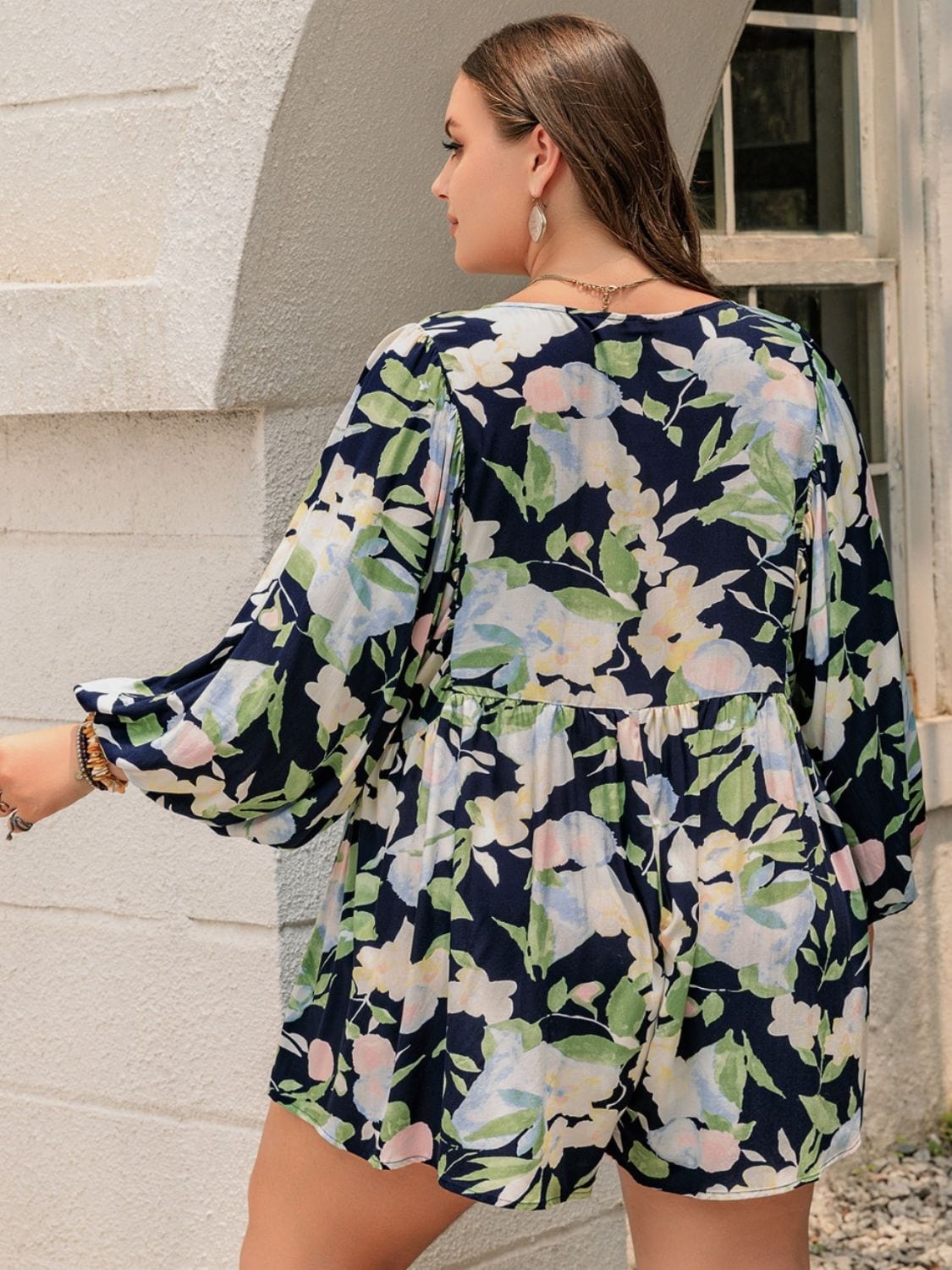 Plus Size Tied Printed Long Sleeve Romper - Trendsi