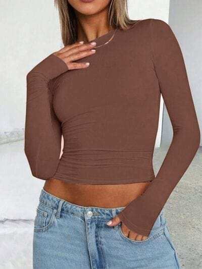 Solid Color Round Neck Long Sleeve T-Shirt - Trendsi - Flyclothing LLC