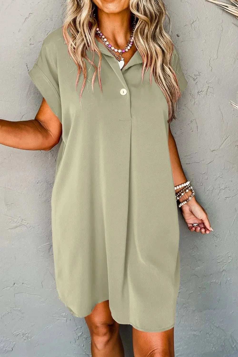 Collared Neck Short Sleeve Mini Dress - Trendsi - Flyclothing LLC