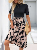 Perfee Tied Printed Mock Neck Short Sleeve Dress - Trendsi - Flyclothing LLC
