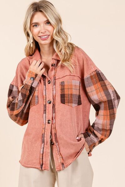 Mittoshop Button Down Contrast Plaid Patchwork Shacket - Trendsi