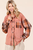 Mittoshop Button Down Contrast Plaid Patchwork Shacket - Trendsi