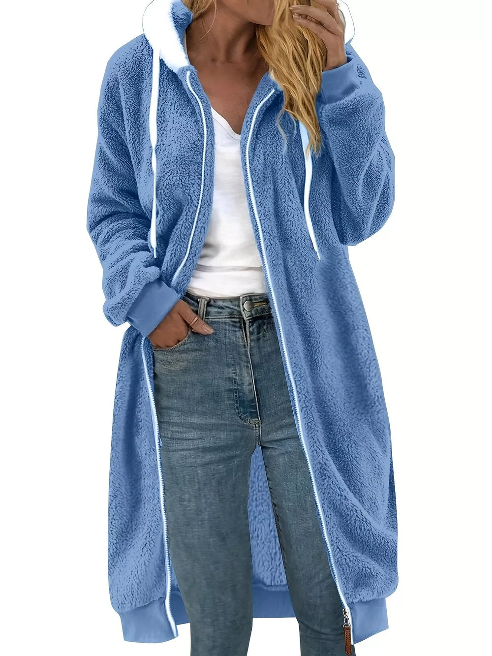 Cozy Fleece Hooded Longline Zip Up Outerwear - Trendsi - Flyclothing LLC