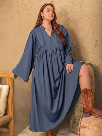 Plus Size Lace Detail Notched Long Sleeve Midi Dress - Trendsi - Flyclothing LLC